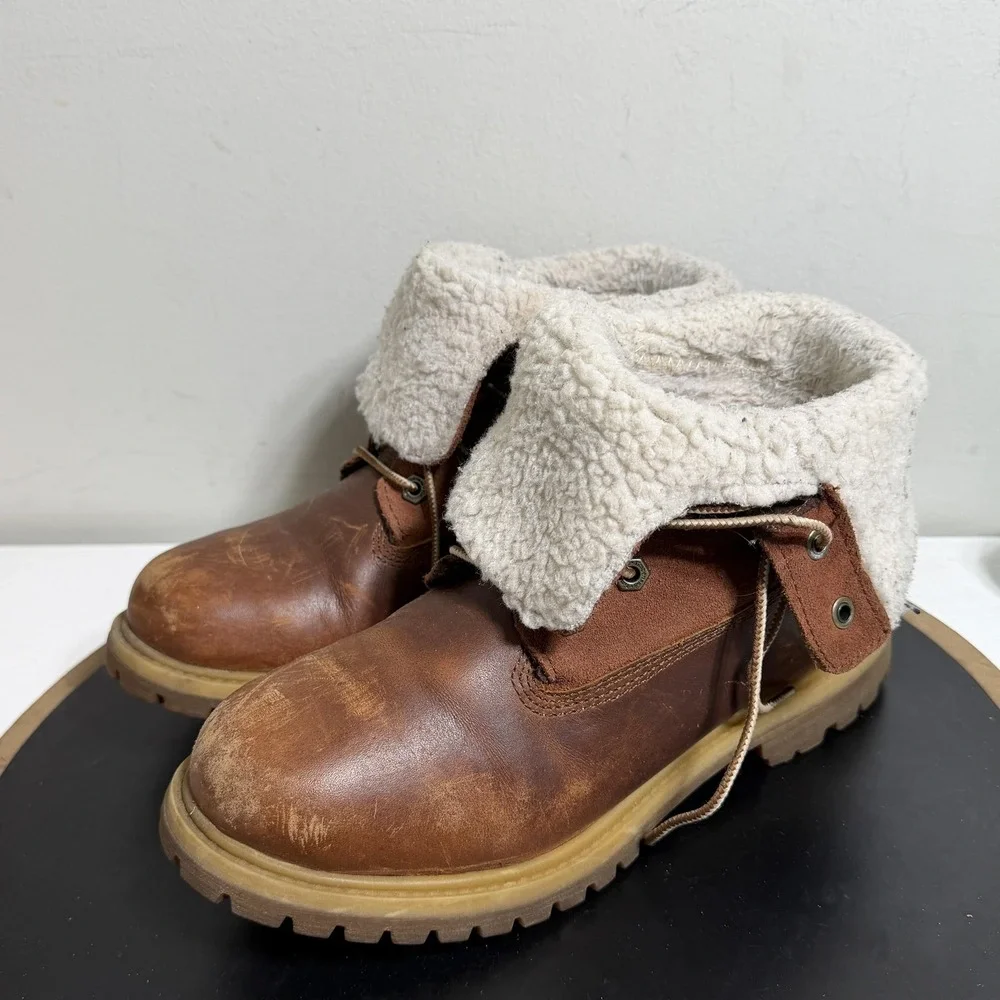 Timberland Boots Men Size 5 Brown Leather Shearling Lined Fold‎ Down Grunge